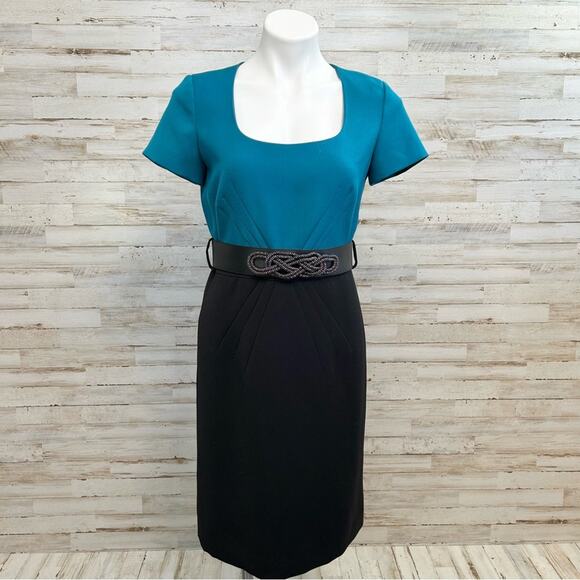 Tahari ASL Dresses & Skirts - Tahari Arthur S Levine Short Sleeve Belted Dress Size 4 Teal Black Two Tone